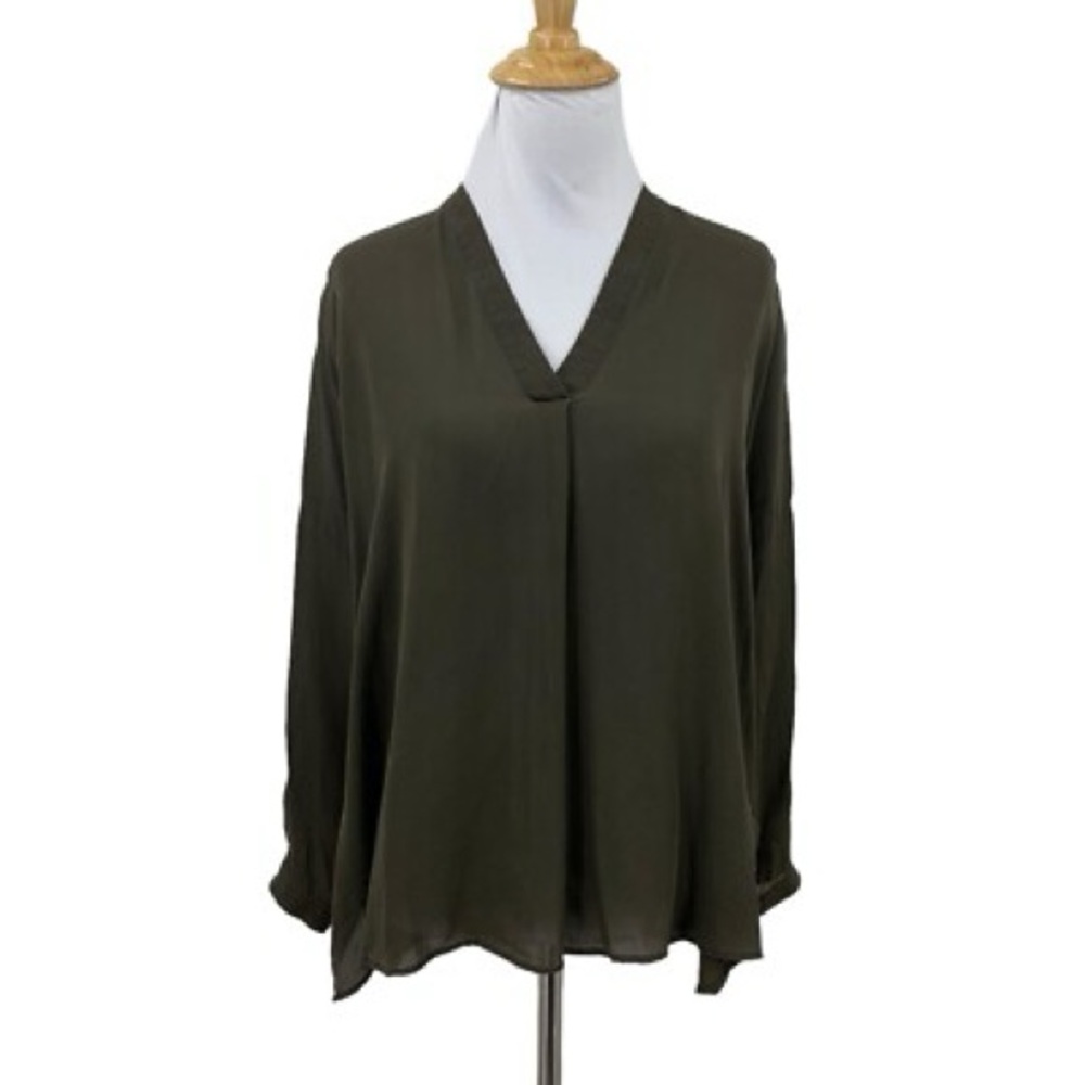 VINCE SILK VNeck Long Sleeve Blouse- brown